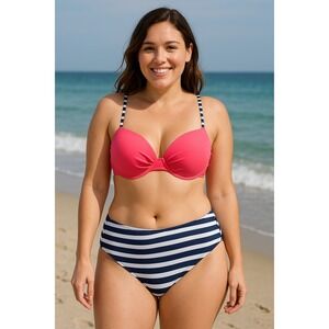 Womens‎ Bikini Set Size XL Pink Navy Stripe Nautical Preppy Swim Coastal Y2K